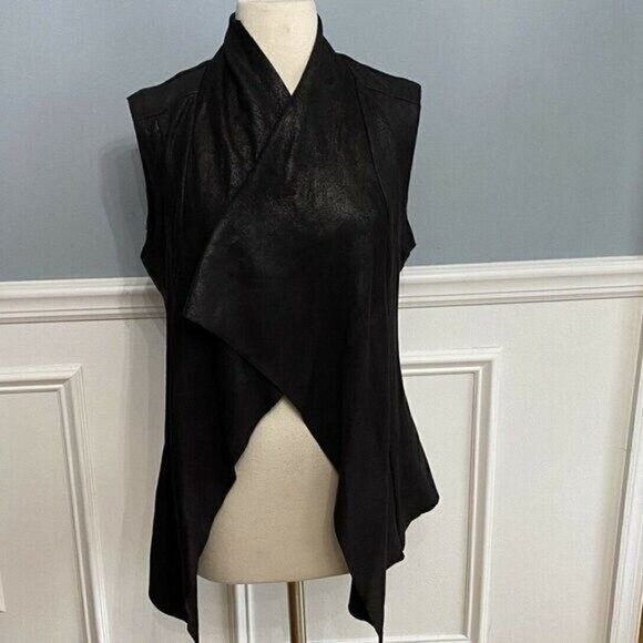 Zara Faux Suede Black Vest Open Front Women's Small Waterfall Shimmer - Picture 2 of 9